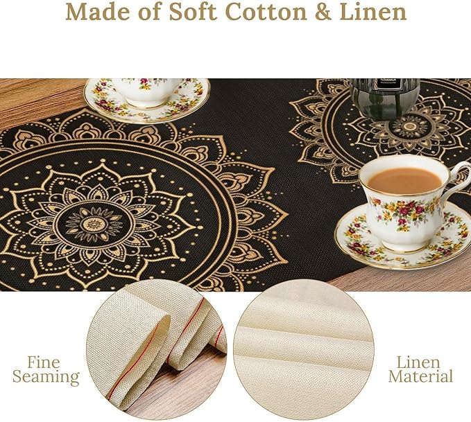 Golden Mandala Table Runner, Traditional Indian Gold Black Flower Vintage Luxury Bohemian Mandala Table Runner for Home Kitchen Dinning Table Indoor Outdoor Holiday, 13x90inch