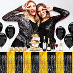 3 Pack 29x108 Inch Black Gold Foil Fringe Table Skirts Metallic Banner for Tinsel Streamer Garland Backdrop for Parade Floats Wedding Thanksgiving Birthday Christmas Halloween Party Decoration