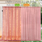 10ft x 10ft Dusty Rose Chiffon Backdrop Curtain with Lights String for Parites Wedding Wrinkle Free Curtain Photo Backdrops Drapes for Baby Shower Birthday Party Home Decorations