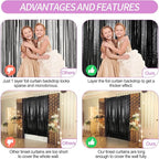 Crosize 4 Pack 3.3 x 9.9 ft Black Foil Fringe Backdrop Curtain, Streamer Backdrop Curtains, Streamers Birthday Party Decorations, Tinsel Curtain for Parties, Photo Booth Backdrops, Party Décor