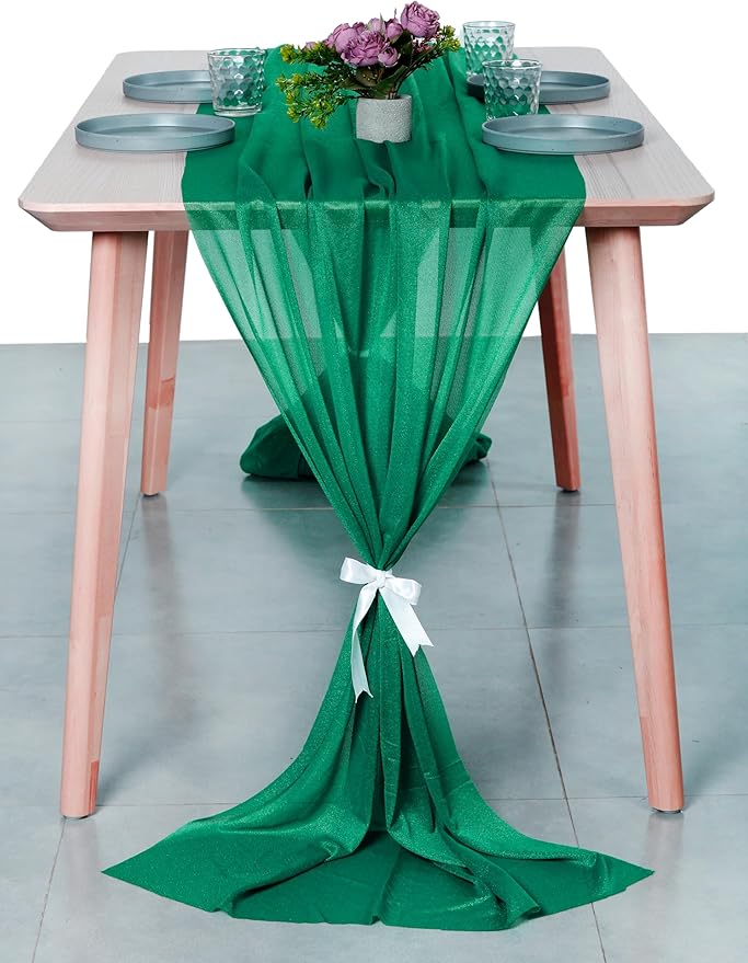 MDS 5 Pack 10ft Chiffon Table Runner 29 x 120 Inches Sheer Wedding Runner Romantic Rustic Table Runner for Wedding Decorations, Birthday Parties, Bridal Shower Party Arch Decor - Emerald Green
