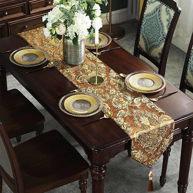 Table Runners 72 inches Long Jacquard European Classic Floral Beige Vintage Chenille - Caramel