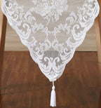 LinenZone White Table Runner with 2 Tassels for Rustic Vintage Decor. Lace Table Runner Works Great As Wedding, Thanksgiving, Christmas Decor(Mia 14 x 48, White)