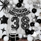 38th Birthday Decorations for Men Women, Black Silver Happy Birthday Party Decorations， 38 Year Old Party Supplies with Number 38 Balloons, Banner, Fringe Curtains Kit