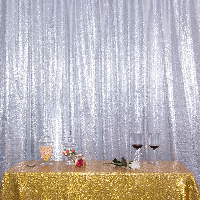 SquarePie Sequin Backdrop Non-Transparent Background Sparkly Curtain for Wedding Party 6FT x 8FT Silver