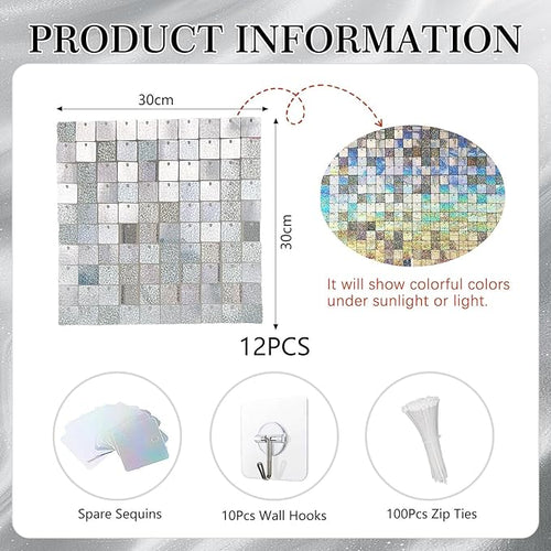 12PCS Silver Shimmer Wall Backdrop, Laser Square Sequin Photo Backdrops Panel, Glitter Wall Background for Birthdays, Weddings, Christmas, Engagements, Disco Bachelorette Party Decoration (3FTx4FT)