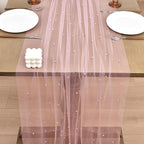 Joanlody Fall Pearl Table Runner 10ft Rustic Boho Tulle Table Runner with Pearls for Baby Shower Wedding Party Veil Dessert Thanksgiving Table Decor Dusty Rose