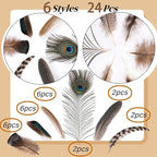 Holmgren 24pcs Natural Feathers Bulk - 6 Styles Assorted Peacock, Pheasant, Turkey Feathers for Craft DIY Jewelry Hat Wedding Home Party Decoration