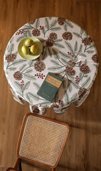 ISAENNE Designer Christmas Beige Linen Round Tablecloth,Pinecones Pattern Indoor Tablecloths,Washable Decor Table Cloth for Dining Thanksgiving Kitchen Christmas,Diameter 67"-Carol B