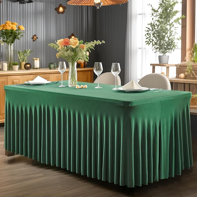 Wish Care 6 Pack Hunter Green Spandex Table Clothes for 6 Foot Rectangle Tables, 6FT Wrinkle Free Fitted Tablecloths Ruffles Design Table Cover for Party, Banquet, Wedding and Events
