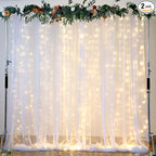 White Tulle Backdrop Curtain with Lights String for Parites 10×8ft Sheer Backdrop Curtains White Curtain Backdrop for Wedding Baby Shower Birthday Party Photo Shoot Decorations(2 Panels 10ft×8ft)