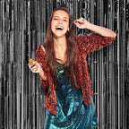 2 Pack Laser Black Foil Fringe Backdrop Curtains, Tinsel Streamers Birthday Party Decorations, Fringe Backdrop for Graduation, Baby Shower, Gender Reveal, Disco Party