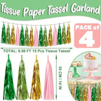 4P Pink-Gold Sage-Green Party-Decorations Foil Fringe Metallic Tassel Streamers Banner Tassel Garland for Parade Floats, Birthday, Bachelorette, Wedding, Halloween, Christmas