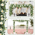 ASTRYAS 2 Pack 6.23Ft Artificial Eucalyptus Garland with Flowers, Fake Rose Garland Greenery Garlands Floral Vines for Wedding Spring Home Party Craft Art Table Runner Decor(White)