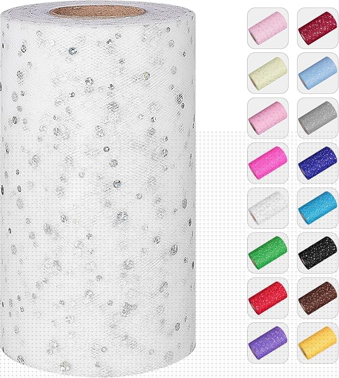 Glitter Tulle Rolls, 6” by 50 Yards (150FT) Sequin Tule Netting Fabric Tulle for Tutu Skirts Sewing Birthday Wedding Party Decoration (White)