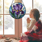 Stained Glass Window Hanging - Iris Birth Flower Suncatcher for Doors Garden Yard Purple Blue Sun Catchers Decor Christmas Mother's Day Birthday Gifts for Teacher Women Mom Nana 11.8 in