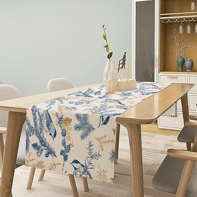 Chinoiserie Flowers Table Runner, Seasonal Spring Fall Plants Blue Florals Birds Dinner Runner for Home Kitchen Dining Table Party Holiday Decoration 13"x36"