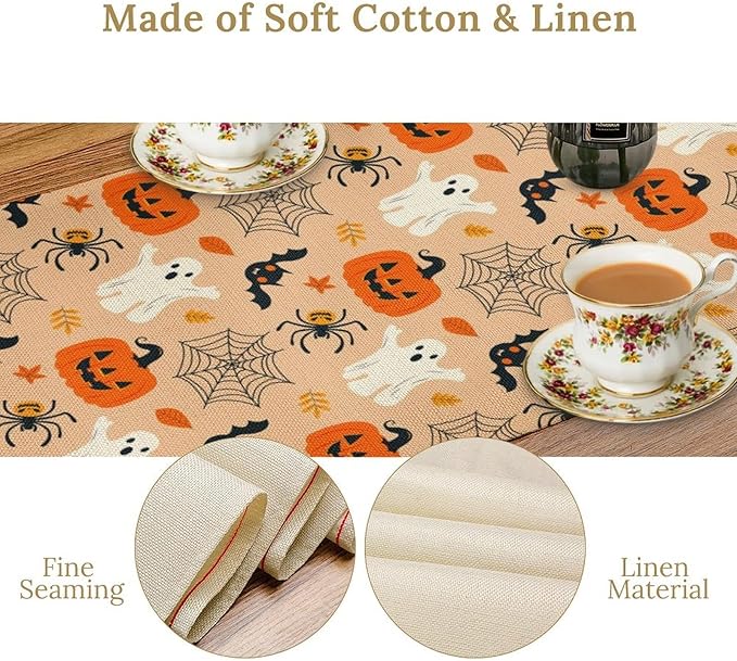 Halloween Table Runner,Cute Ghost Pumpkin Leaves Table Runner for Kitchen Dining Table Decoration Home Party Decor 13x70 Inch