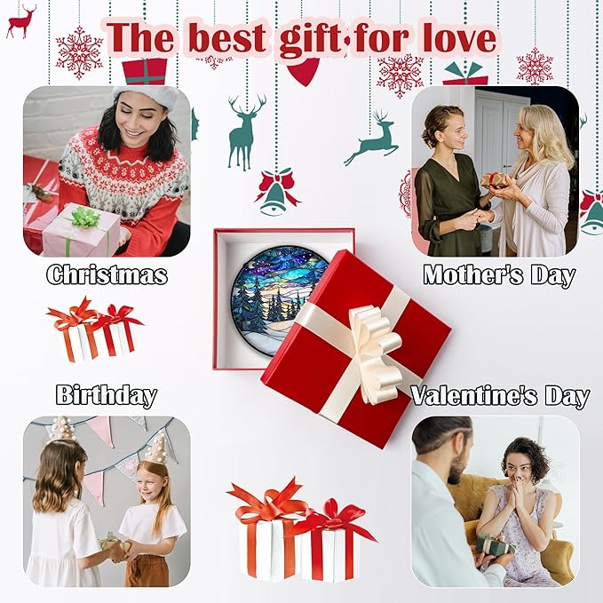 Stained Glass Window Hanging, Starry Sky Trees and Snow Sun Catchers Glass Panel Blue Suncatcher Decor for Birthday for Women, Men, Wife, Aunt, and Mom 14.9x14.9 in