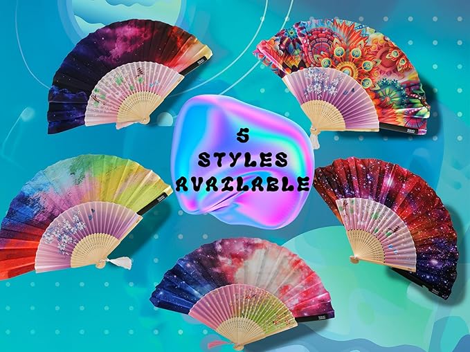 Rave Fan - Large Folding Fans (2 Pack) - Holder - Floral Paradise Design for Festivals, EDM, Burlesque, Drag Queen, Raver Gifts