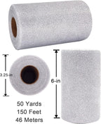 Glitter Tulle Fabric Rolls, 6 Inch 50 Yards (150ft) Sparkling Spool Ribbon Sequin Netting for Tutu Skirt Gift Wrapping Wedding Party Decoration (Silver)