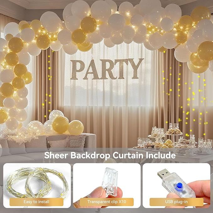 10×8ft Tulle Backdrop Curtains with Lights String - 300LED Fairy Lights Sheer Curtain Backdrop for Weddings Baby Shower and Birthday Party Decorations(4 Panels 5×8ft)