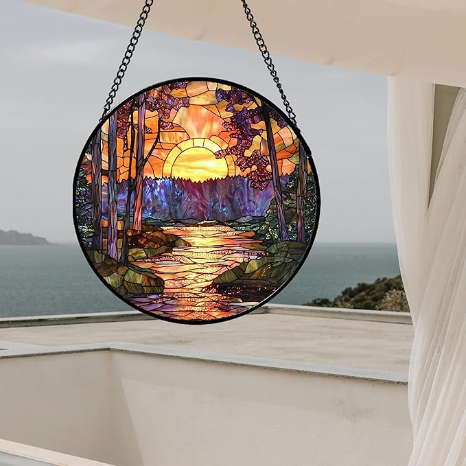 Stained Glass Window Hanging, Orange Landscape Green Purple Lake Forest Suncatcher for Doors Window Home Sun Catchers Decor Mother's Day Birthday Gifts for Women Men Mom 15 in