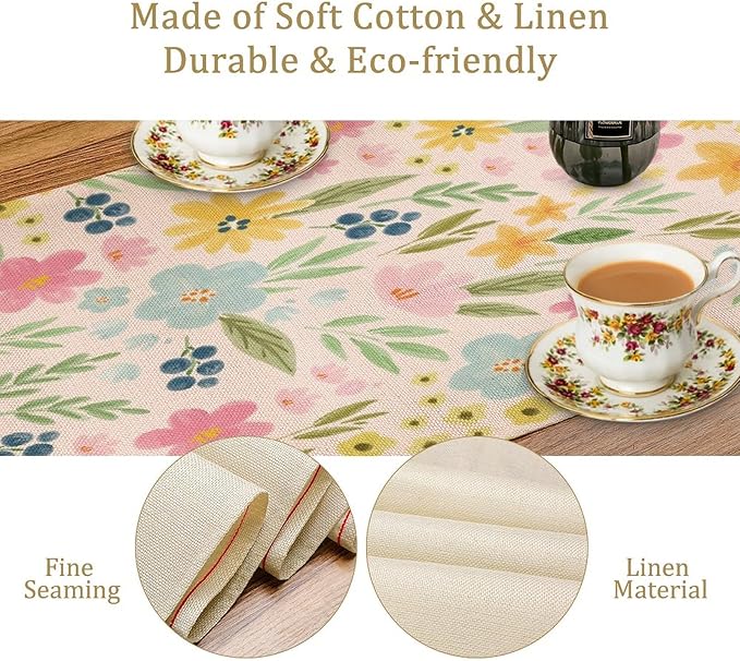 Floral Table Runner, Boho Style Watercolor Flower Green Leaf Plant Rectangle Table Decoration for Dining, Party, Holiday,13in（33cm） W * 120in（305cm） L
