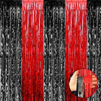 4 Pack Foil Fringe Curtain Backdrop, 3.28Ft x 8.2Ft Metallic Tinsel Foil Fringe Streamers for Photo Booth, Wedding, Casino Viva Las Vegas Game Night Birthday Party Decoration (Black Red)