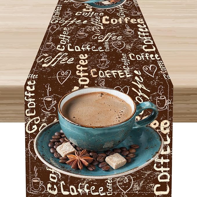Coffee Theme Table Runner, Farmhouse Retro Brown Coffee Cup Tea Party Rustic Cafe Table Center Decor for Home Kitchen Dining Patio Holiday Party Indoor Outdoor Table Decorations,13"x72" Inch