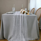 Snowkingdom 6 Pcs 10 FT Silver White Cheesecloth Table Runner Sheer Chiffon Gauze Runner, Sequin Glitter Silver Table Decoration Centerpieces for Wedding Birthday Christmas Bridal Baby Shower