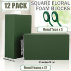 Aneco 12 Pieces Floral Foam Blocks with 3 Rolls Floral Tape 5.5''L x 3.1''W x 1.8''H Green Square Flower Foams Flower Arrangements Supplies for Dry & Wet Flower Wedding Home Decor and DIY Crafts