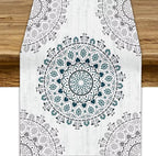 Boho Flower Table Runner, Bohemian Turquoise Mandala White Teal Floral Kitchen Dining Table Runners for Indoor Outdoor Home Party Holiday Decor, 13x120inch
