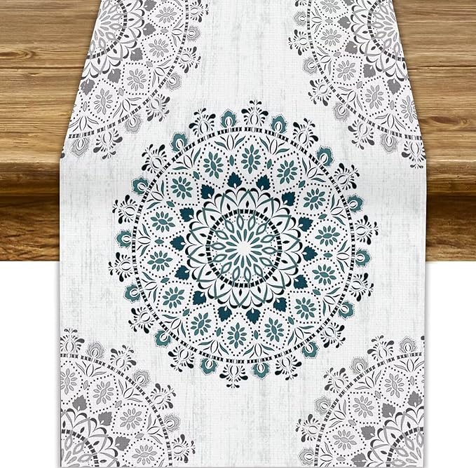 Boho Flower Table Runner, Bohemian Turquoise Mandala White Teal Floral Kitchen Dining Table Runners for Indoor Outdoor Home Party Holiday Decor, 13x108inch