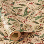 RUSPEPA Kraft Christmas Wrapping Paper Roll, Mini Roll, Pinecone and Greenery Design with Red Bow and Snowflake, Kraft Gift Wrap Paper for Christmas, Holiday, Winter Party, 17 Inches x 16.4 Feet