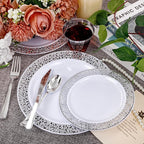 WELLIFE 210pcs Dinnerware Set - Silver Rimmed Plastic Plates Disposable Heavy Duty, Disposable Plastic Plates with Silver Rim, Water-proof, Break-proof, Best Choice for Any Party