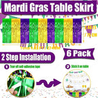 6 Pack 29x108 Inch Mardi Gras Metallic Foil Fringe Tinsel Table Skirts for Rectangle Tables Streamer Backdrop for Wedding, Birthday, Parade Floats, Carnival Party Decoration Gold Green Purple