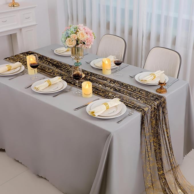 Snowkingdom Black and Gold Cheesecloth Table Runner 10 FT, Sheer Chiffon Sparkle Gauze Mesh Runners 120 Inch, Glitter Table Centerpieces Decoration for Birthday Party Wedding Christmas Halloween