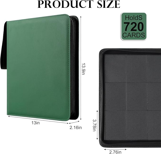 GEAoffice Trading Card Binder 12 Pocket for 720 Cards, Ringless Side Loading Card Collection Binder Album Folder for MTG, TCG, Game&Sports, PU Cover, Non-PVC, Green