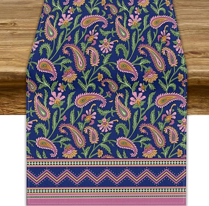 Colorful Paisley Floral Table Runner, Vintage Pink Purple Flowers Green Plants Leaves Print Table Runner for Kitchen Dining Table Indoor Outdoor Home Party, 13x90inch