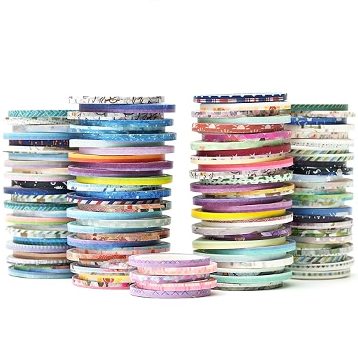 YUBX Exrta Slim Washi Tape Set Random Patterns 80 Rolls+ Bundle Printed Super Skinny Decorative Masking Tape Scrapbook Tape for DIY Craft Art Projects Journal Gift Wrapping (Patterns Printed)