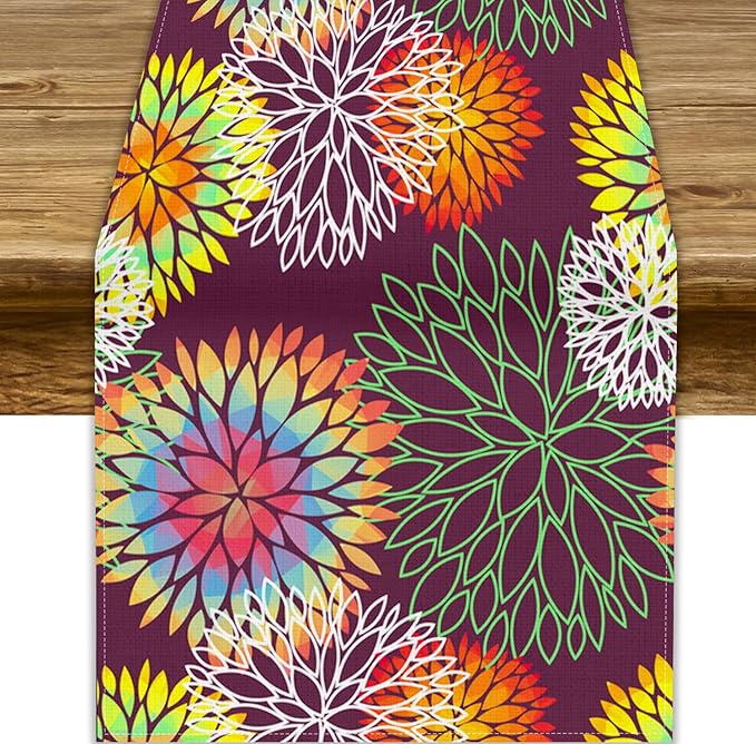 Brown Dahlia Flower Table Runner, Linen Geometric Pattern Floral Table Decor Spring Farmhouse Decorations for Kitchen Dining Holiday Party Decor, 13x60 Inch