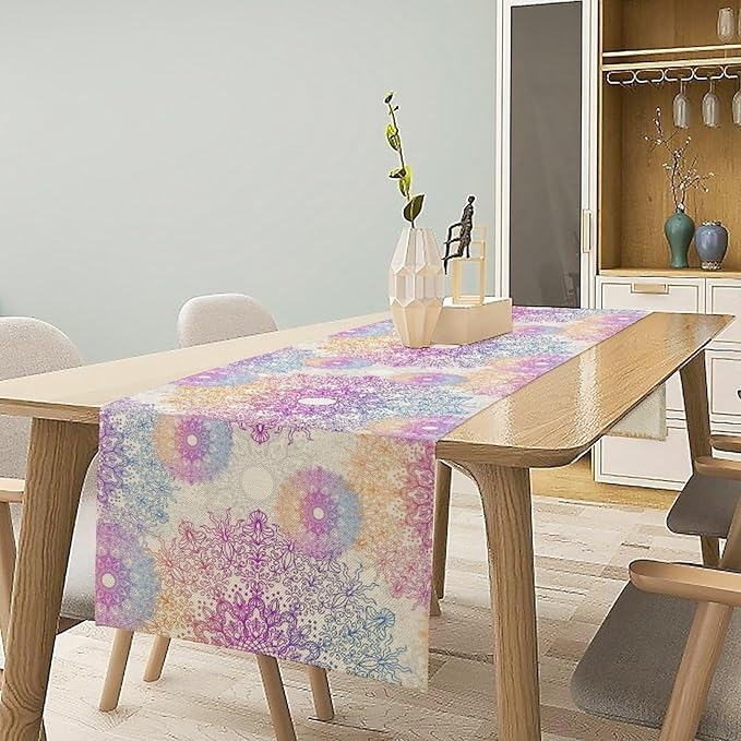 Oriental Mandala Table Runner, Traditional Bohemian Gradiently Purple Pink Blue Mandala Flower Table Runner for Farmhouse Cottage Kitchen Dining Table Decor, 13x90inch