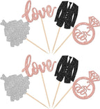 24 PCS Groom and Bride Cupcake Toppers Glitter Ring Love I Do Cupcake Picks Marriage Bridal Shower Cake Decorations for Wedding Engagement Bridal Shower Theme Party Supplies Rose Gold