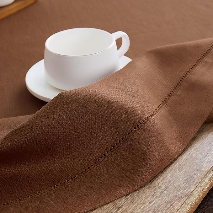 Solino Home Linen Brown Table Runner 36 Inches - Classic Hemstitch, 100% Pure Linen Coffee Table Runner 14 x 36 Inch Ideal for Dresser Tables, Fall, Autumn, Thanksgiving