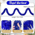 50 Feet Blue Christmas Tinsel Garland, Metallic Foil Twist Banner Wall Hanging Tinsel Streamers Backdrop for Parade Floats, Christmas, Mother's Day, Birthday Party Decorations(2in x 50ft)
