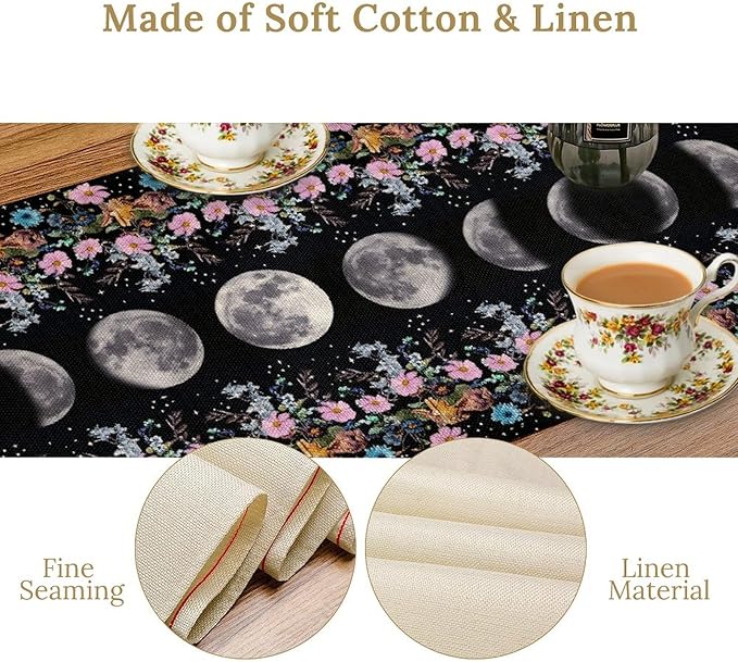 Boho Floral Moon Table Runner, Spring Flower Leaves Mystical Gothic Sun Moon Table Runner for Kitchen Dining Table Home Party,13x90 Inch Purple