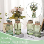 Green Glass Flower Vases for Centerpieces Set of 6, Mason Jars Boho Cylinder Bud Vases in Bulk, for Weddings Parties Vintage Home Decor