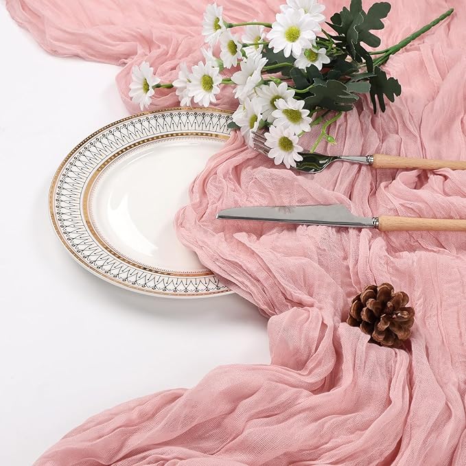 6 Pack Dusty Pink Cheesecloth Table Runner 10ft Boho Gauze Fabric Cheese Cloth Table Runner 35 x 120 Inch Rustic Sheer for Romantic Wedding Decor Baby Shower Party Table Centerpiece Decoration