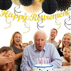 Black Gold Women-Men Happy-Retirement Party-Decorations - 21pcs Celebration Banner,Paper Streamers Lanterns Honeycomb,Tissue Flowers Pom Poms Fan, Classroom Backdrop Supplies Garland Decor Huglony